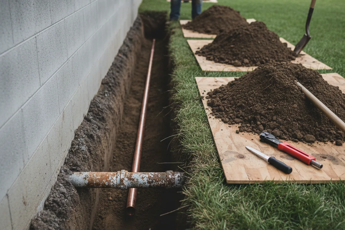 Excavated water line trench during Water Softener Installation in Bushwood